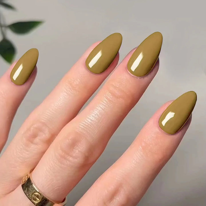 Rynx | Classic Glossy Solid Long Pointed Artificial Nails Brown Green Gray Blue Removable Pre-made Artificial Nails Stick-on Nails with Glue