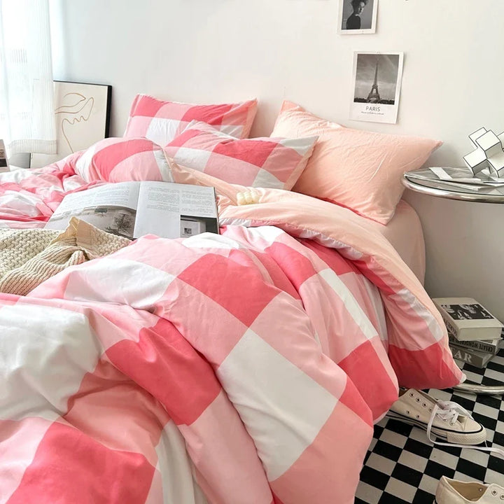 Rynx | Bedding washed cotton striped grid minimalist bed sheet set duvet sets queen duvet double for boys and girls