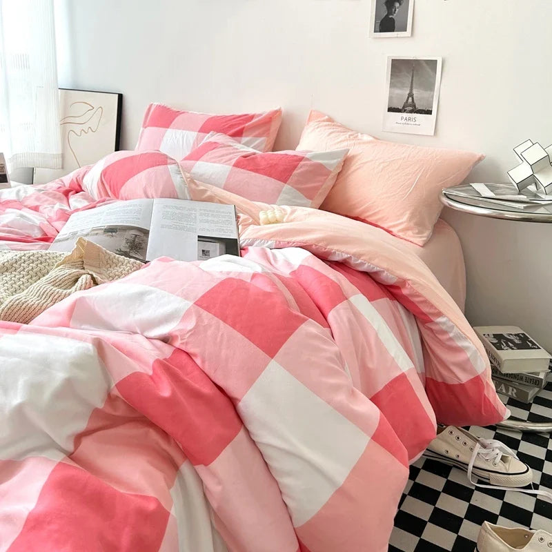 Rynx | Bedding washed cotton stripe grid minimalist bed sheet set comforter sets queen duvet double for boys and girls