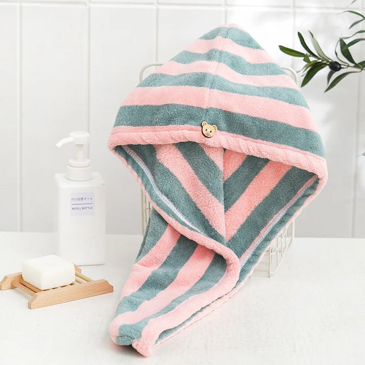 Rynx Microfiber Hair Towel Wrap Thickened Coral Velvet Cationic Dry Hair Cap Water Absorption and Quick Drying Striped Shower Cap