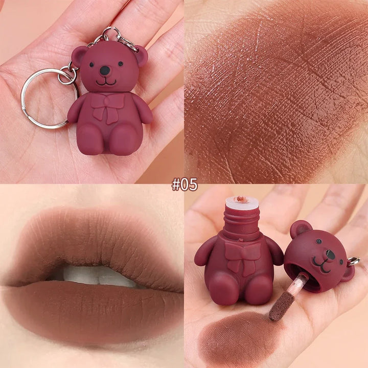 Rynx | Cute White Bear Keychain Glass Mirror Lipstick 6 Colors Sexy Jelly Red Liquid Lipsticks Waterproof Long-lasting Lip Lacquer Cosmetics