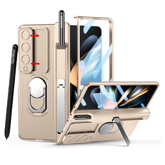 Lisslune | Luxury Case with S Pen Holder and Hinge Screen Protection Ring Stand Case for Samsung Galaxy Z Fold 5 Z Fold 4