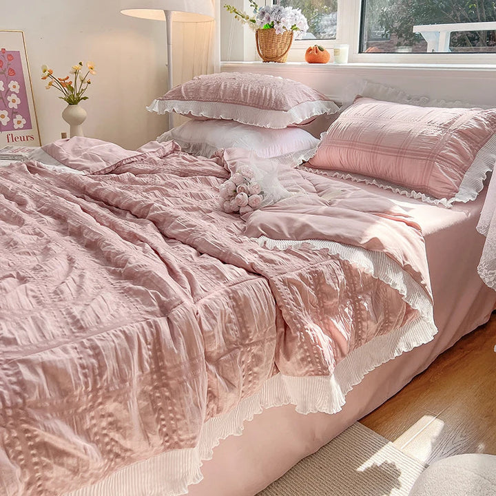 Rynx | Korean Princess Style Summer Cool Quilt Comforter Soft Seersucker Lace Ruffle Summer Thin Quilt Blanket Machine Washable