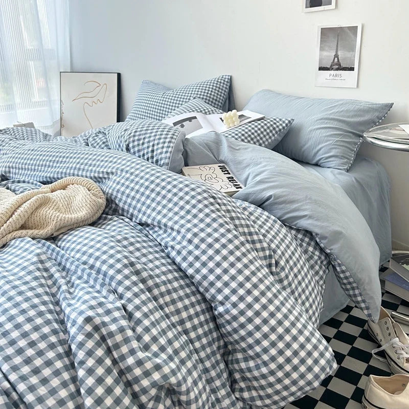 Rynx | Bedding washed cotton striped grid minimalist bed sheet set duvet sets queen duvet double for boys and girls