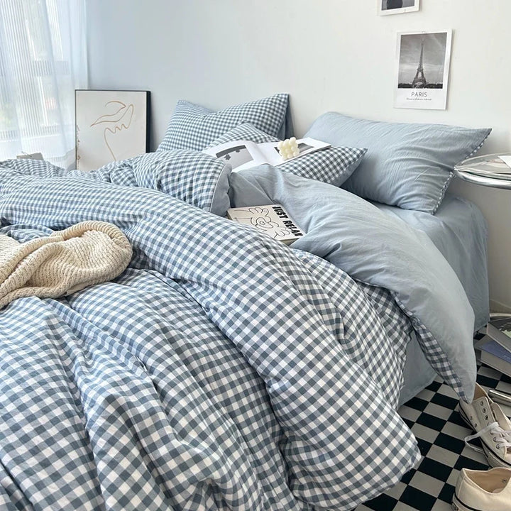 Rynx | Bedding washed cotton striped grid minimalist bed sheet set duvet sets queen duvet double for boys and girls