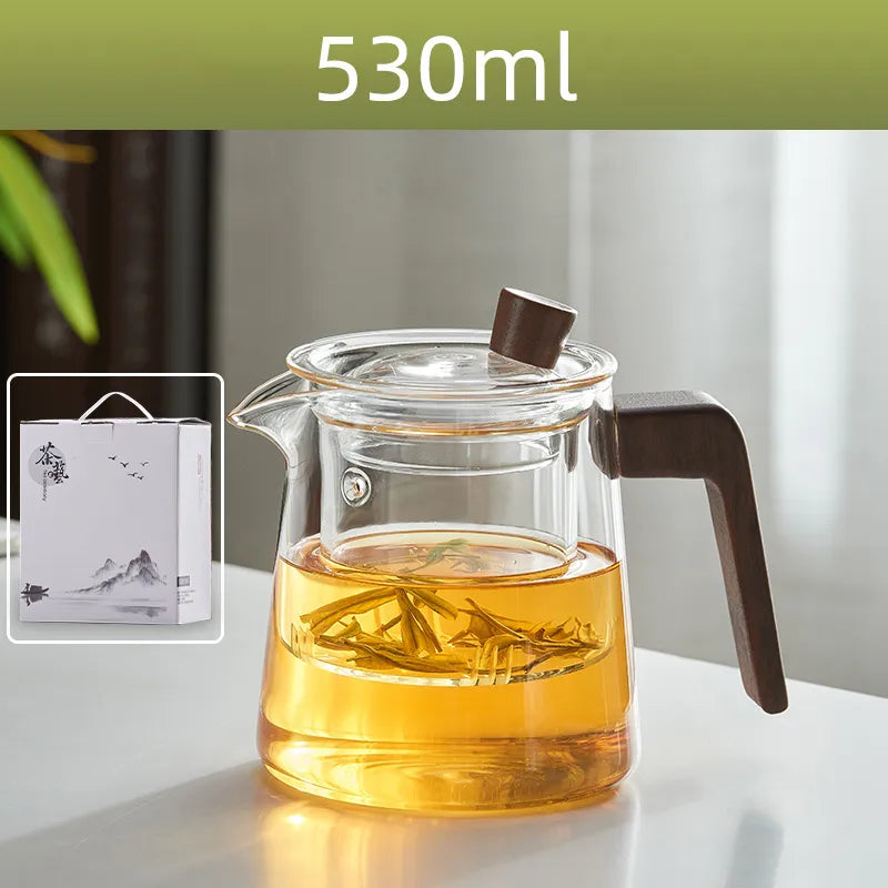 Lisslune | GIANXI Retro Glass Teapot Wood Handle Chinese Tea Ceremony Transparent Teawear Set Cup Filter High Boron Silicon Pot  530ML