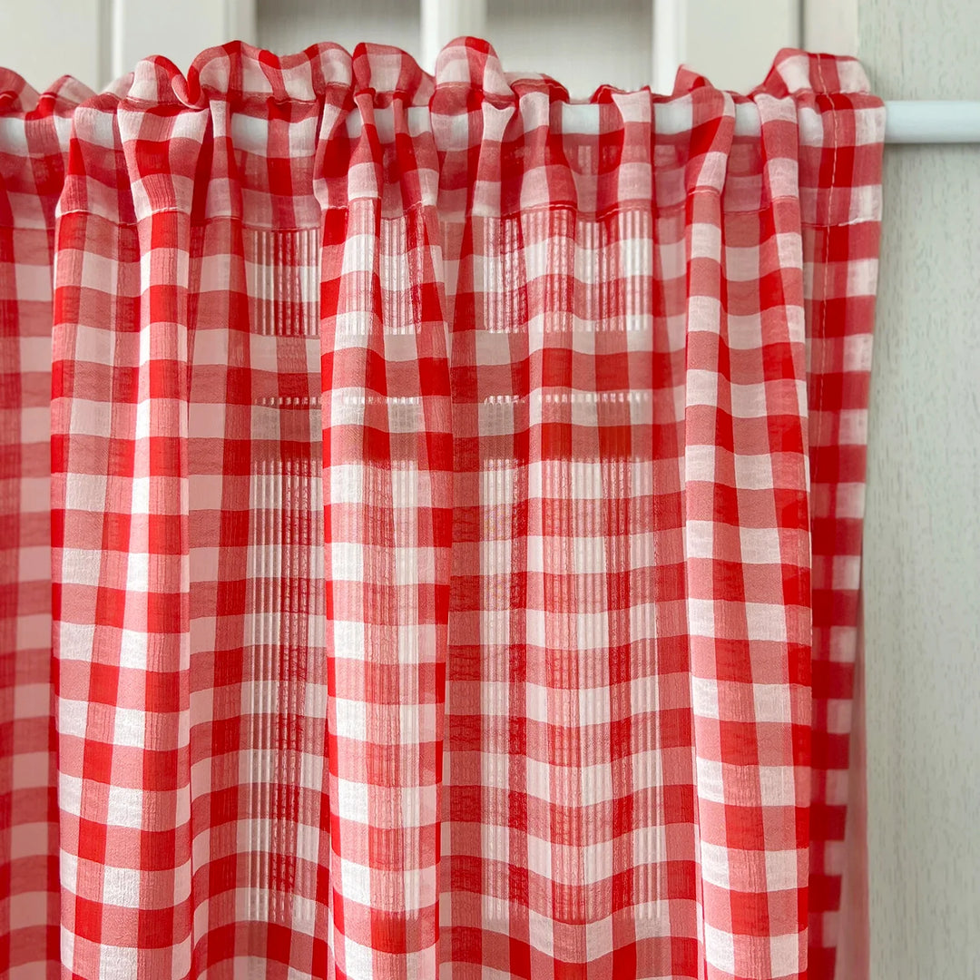 Rynx | Classic red checked ruffle curtain short sheer for kitchen retro soft tulle curtains for bedroom small window coffee half curtain