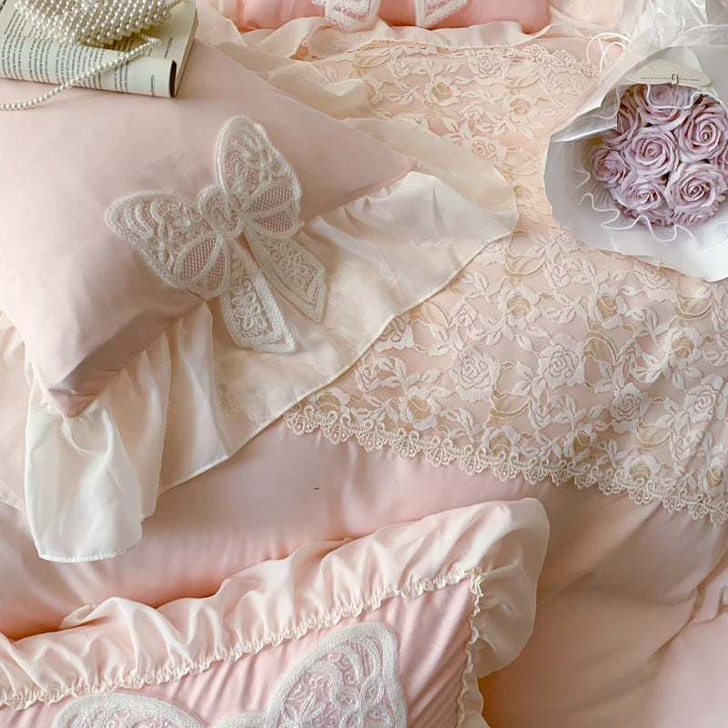Rynx | Korean Princess Bedding Set Coquette Lace Bow Beauty Solid Color Lace Ruffle Comforter Sets Luxury Girls Wedding Duvet Cover