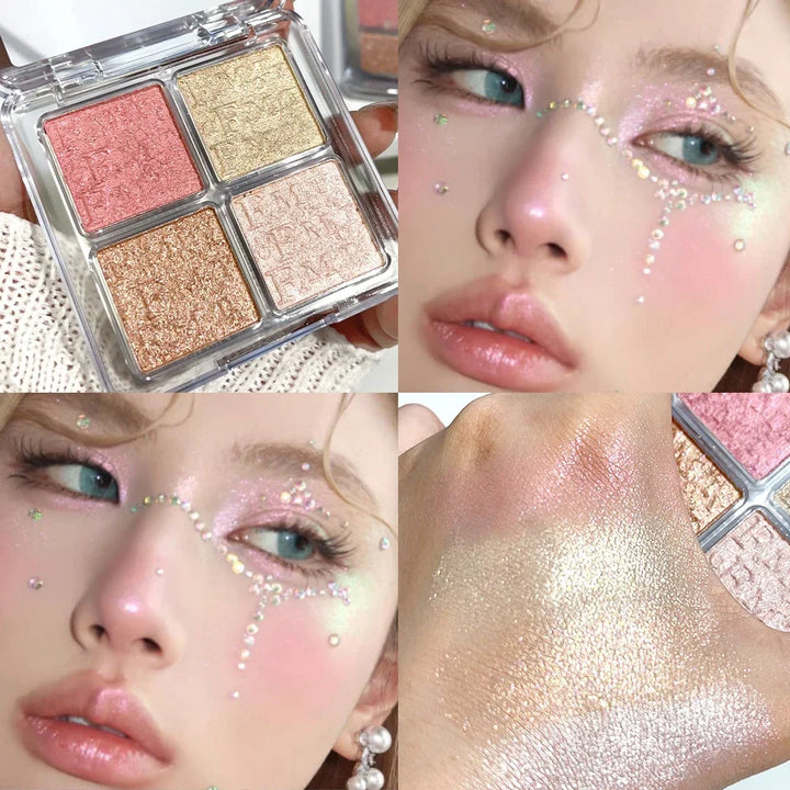 Rynx | 4 Colors Diamond Shimmer Highlighter Powder Palette Makeup Glow Face Contour Palette Illuminator Highlight Eyeshadow Cosmetics
