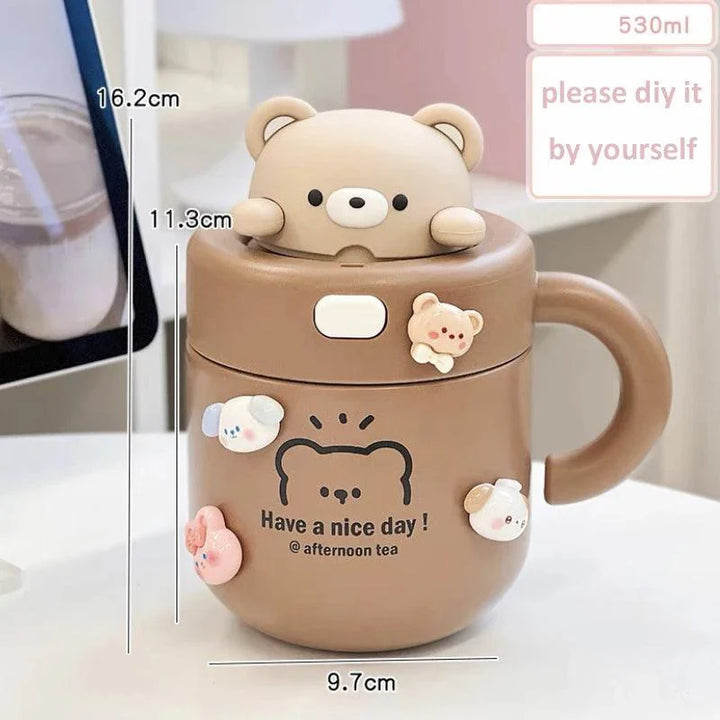 Lisslune | Shady Kawaii Bear Insulated Stainless Steel Travel Mug with Straw for All Your Drinks