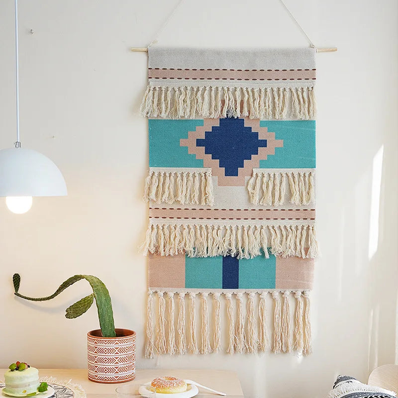 Rynx | Boho Wall Tapestry with Hand-Made Tassels Cotton Linen Tufting Wall Hanging Fabric Cover Blanket Ramadan Decor Home Decor