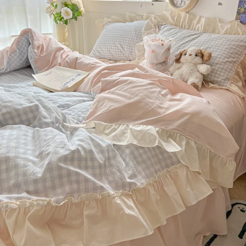 Rynx | Korean Princess Style Bedding Set Soft Skin-friendly Grid Lace Ruffles Duvet Cover Checkered Style Duvet Covers Set Pillow Covers