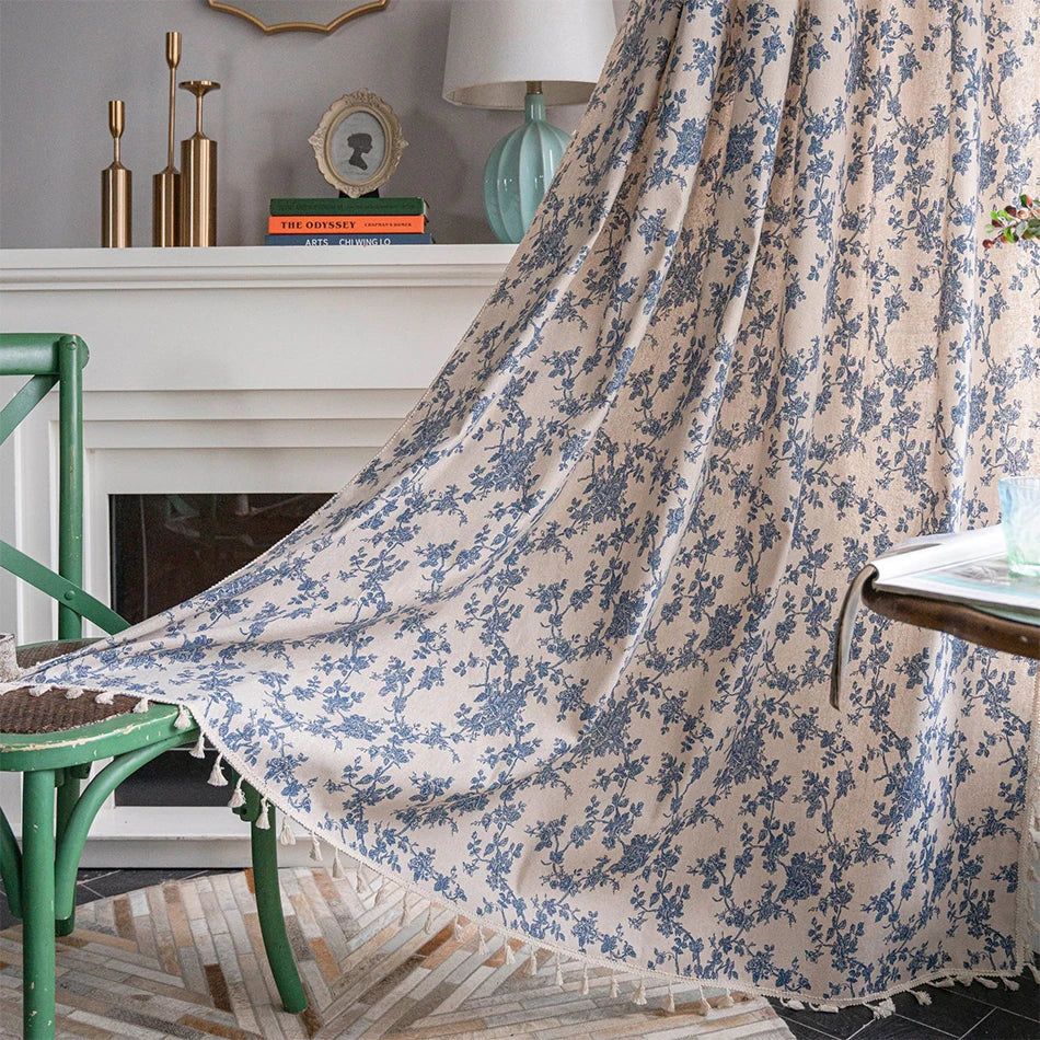 Rynx Cotton-Linen Blue Retro Orchid Curtains Floral Tassels for Kitchen Bedroom Living Room Bay Window Closet Curtain