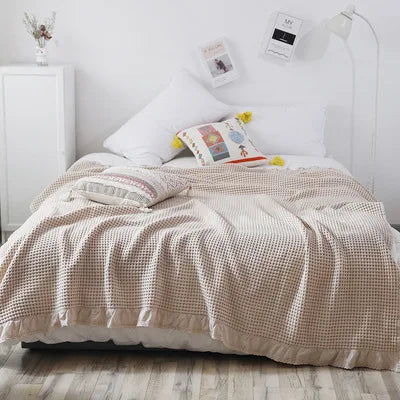 Rynx | 100% Cotton Soft Bed Plaid Home Japanese Knitted Blanket Corn Grain Waffle Texture Summer Ruffles Warm Plaid Throw Blanket