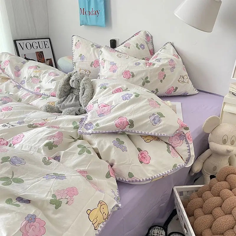 Rynx | Bedding Set Flora INS Girls 2024 New Tulip Rabbit Double-layered Bedding Set of four pieces washable cotton Bed Sheets Duvet Cover Set