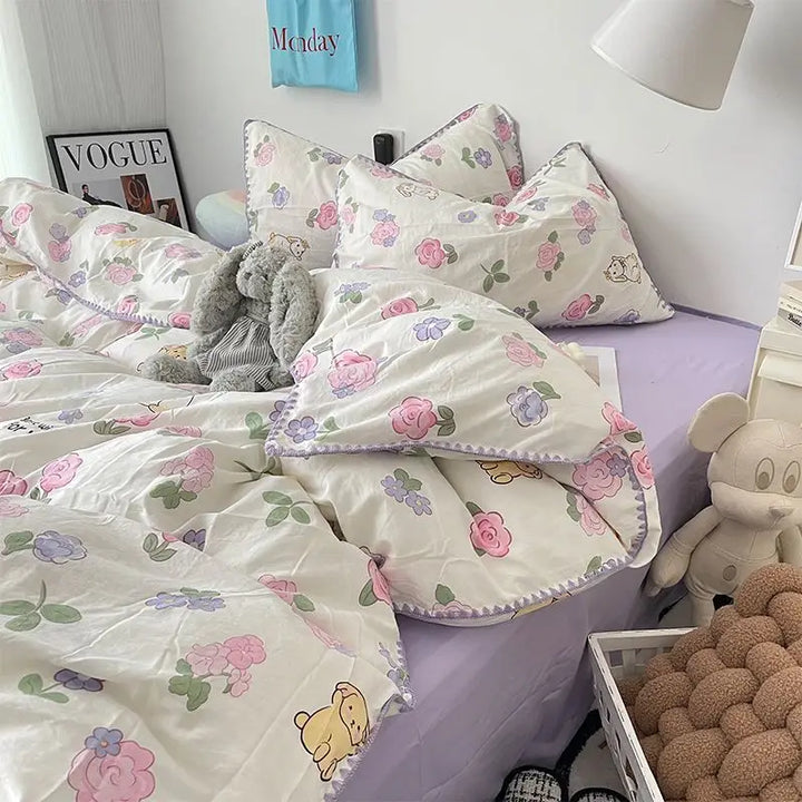 Rynx | Bedding Set Flora INS Girls 2024 New Tulip Rabbit Double-layered Bedding Set of four pieces washable cotton Bed Sheets Duvet Cover Set