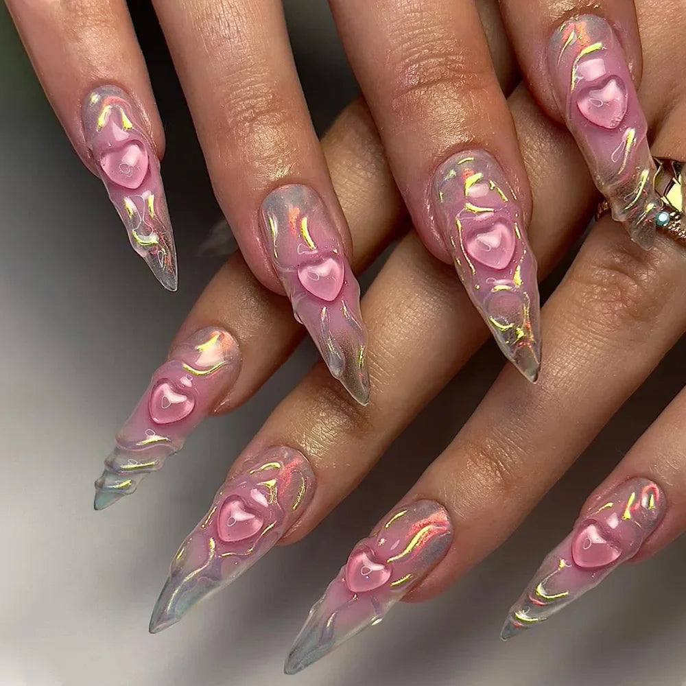 Rynx | Purple French Aurora Bow Flower Rhinestone Long Lace False Nails Removable Ready Artificial Nails Press-on Nails with Glue