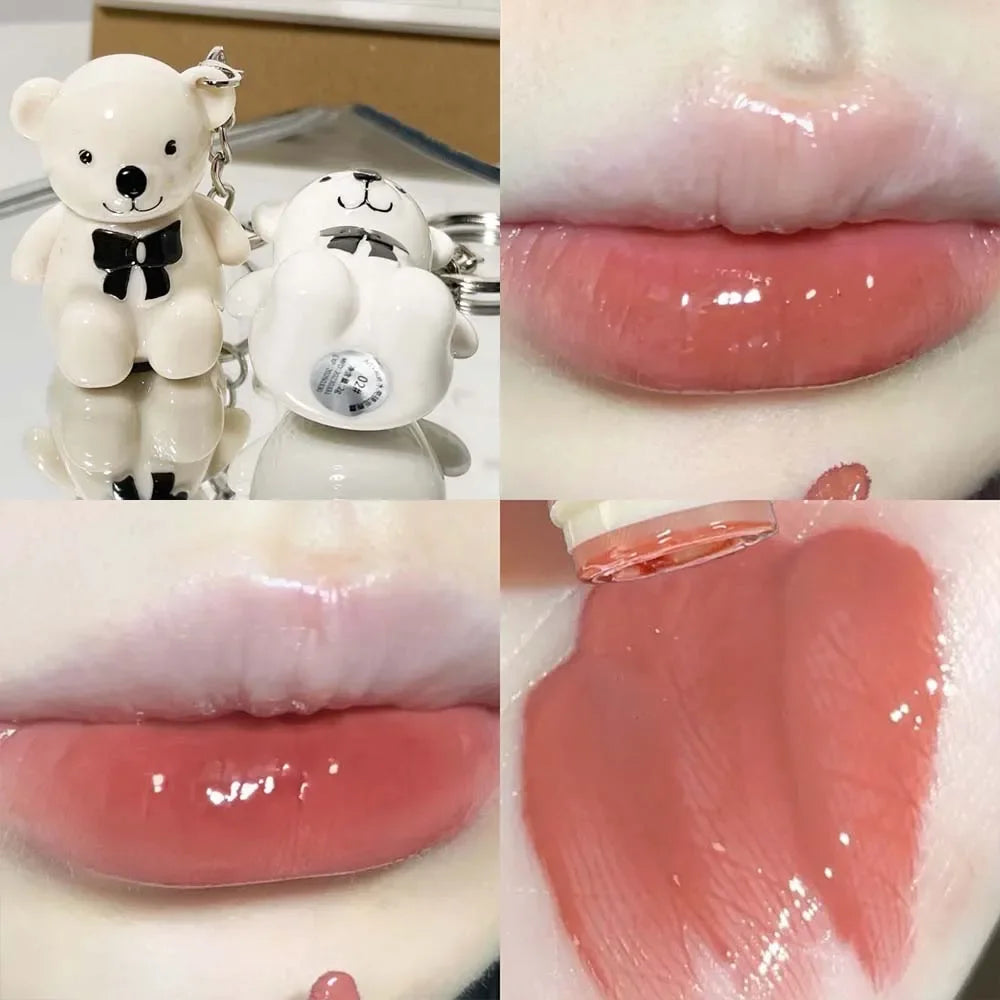Rynx | Cute White Bear Keychain Glass Mirror Lipstick 6 Colors Sexy Jelly Red Liquid Lipsticks Waterproof Long-lasting Lip Lacquer Cosmetics