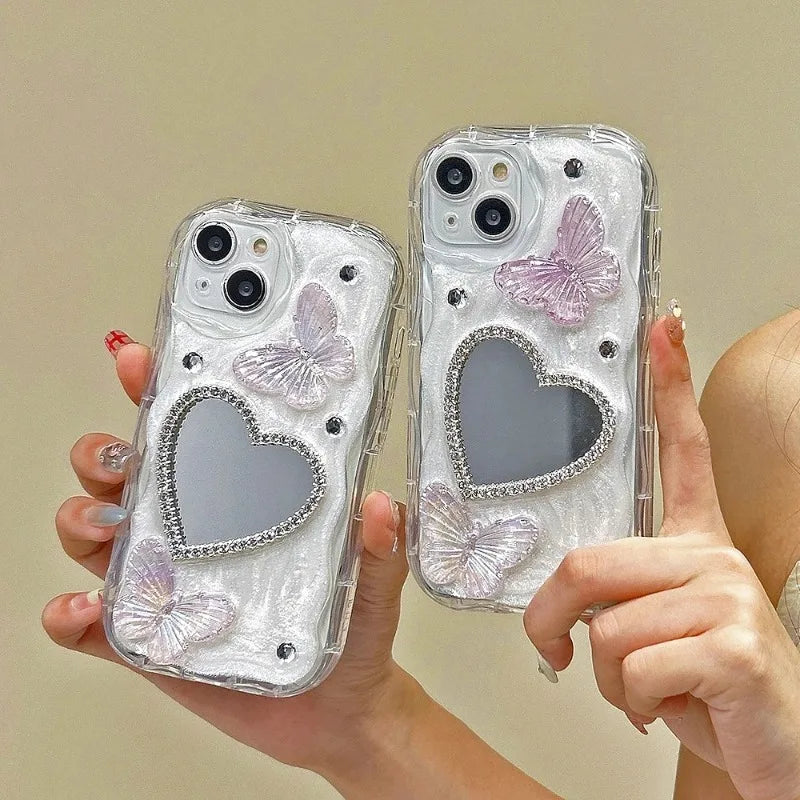 Lisslune | INS 3D Bling Glitter Schmetterling Liebe Herz Makeup Spiegel Handyhülle Für iPhone 13 14 15 16 Pro Max 12 Pro 11 XR XS Silikon Hülle