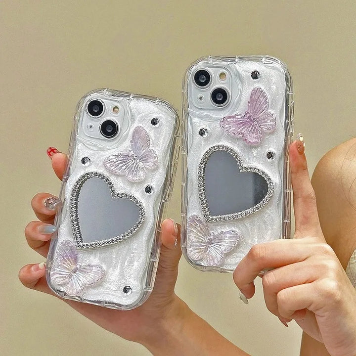 Lisslune | INS 3D Bling Glitter Schmetterling Liebe Herz Makeup Spiegel Handyhülle Für iPhone 13 14 15 16 Pro Max 12 Pro 11 XR XS Silikon Hülle