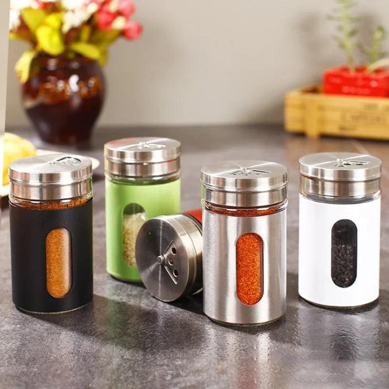 Lisslune | Stylish Rotating Glass Spice Dispenser Set with Stainless Steel Lids - Trio of Spice Jars