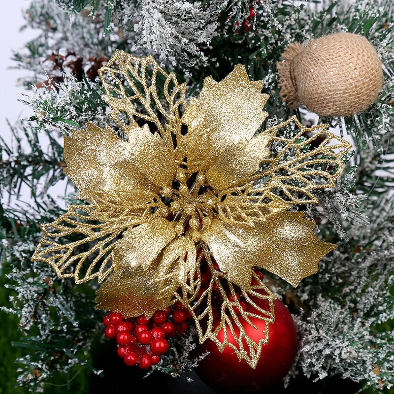 Rynx | (10 pieces) Artificial Christmas Tree Flowers Glitter Decorations Xmas Ornament New Year Gift