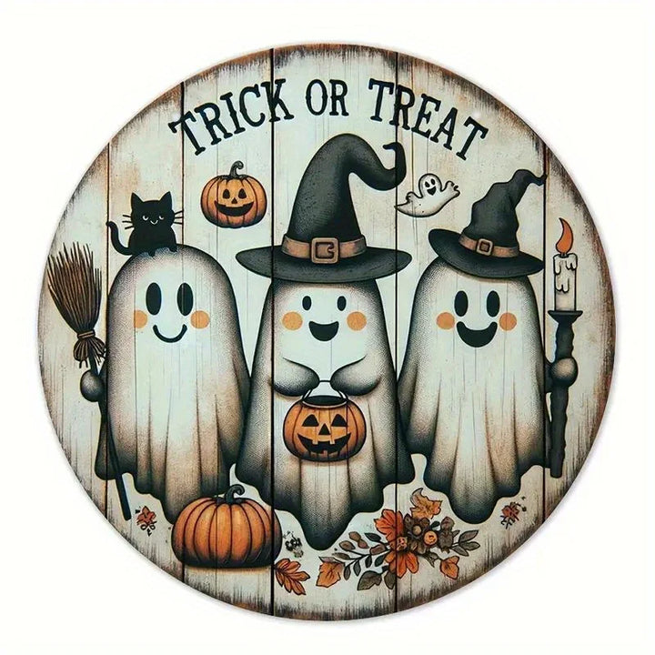 Rynx | 2D Wood Halloween Three Cute Ghosts Broom Spoof Pumpkins 7.9 Inch/20 cm Round Hanging Sign Wall or Door Decoration Wall Art
