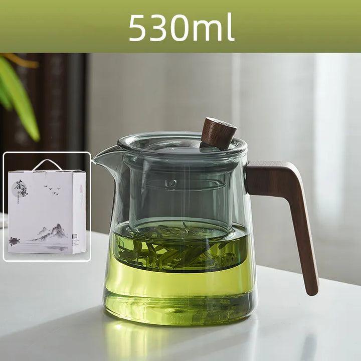 Lisslune | GIANXI Retro Glass Teapot Wood Handle Chinese Tea Ceremony Transparent Teawear Set Cup Filter High Boron Silicon Pot  530ML