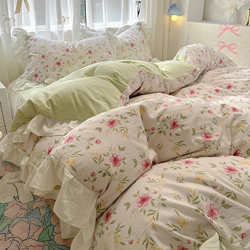 Rynx | Korean Style Flower Bedding Set 2024 New Washed Cotton 4-piece Bed Sheet Set Duvet Cover Set for Girls Bedding Decor Home