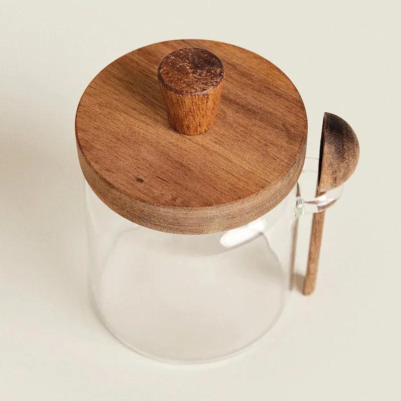 Lisslune | Elegant glass storage jar with acacia wood lid and spoon for coffee and spices