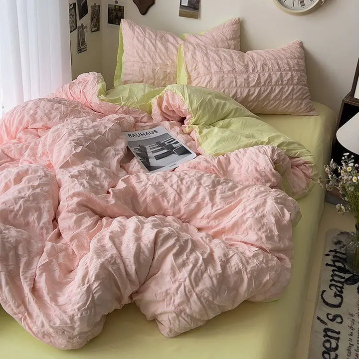 Rynx | Seersucker Princess Girl Bed Linen Set Duvet Cover Korean Four-Piece Washed Cotton Bed Sheet Blanket Set