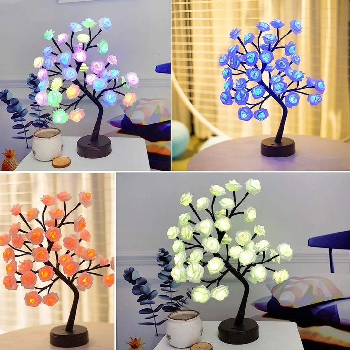 Lisslune | RGB Rose Flower Tree Lights 24LED USB Battery Table Lamp Fairy Night Light Home Party Christmas Wedding Bedroom Decoration Gift