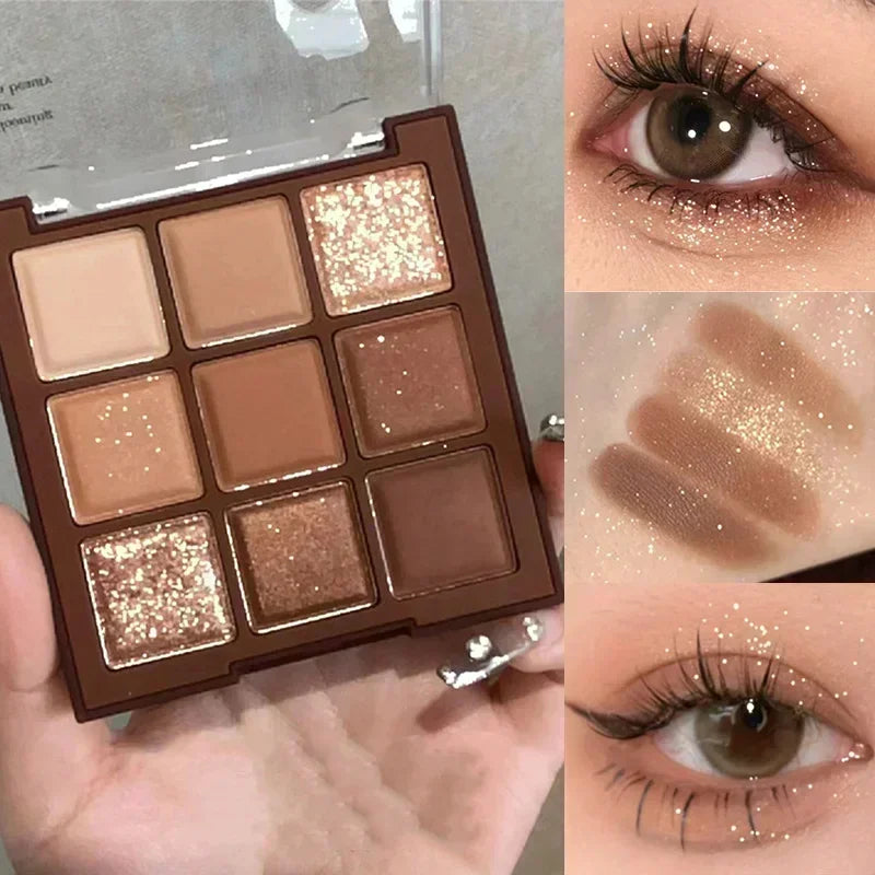 Rynx | 9 Colors Chocolate Eyes Makeup Palette Pearl Matte Earth Tone Eyeshadow Palette Glittering Sequin Eye Pigments Long Lasting Makeup