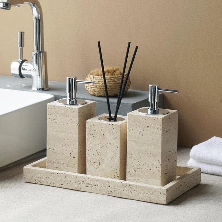 Lisslune | Natural Beige Travertine Luxury Bathroom Accessory Collection - Soap Dispenser, Bowl, Reed Diffuser & Makeup Tray Set