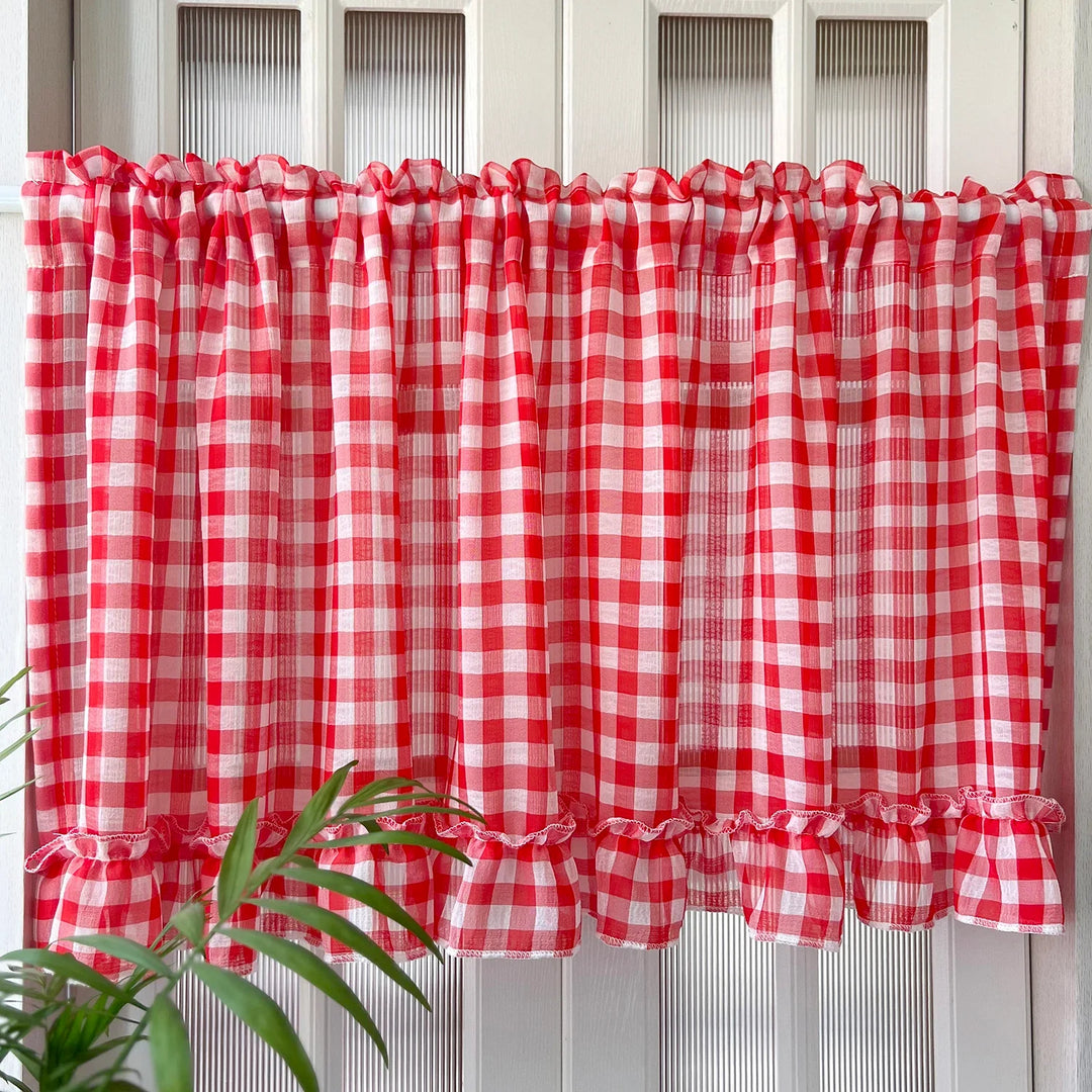 Rynx | Classic red checked ruffle curtain short sheer for kitchen retro soft tulle curtains for bedroom small window coffee half curtain
