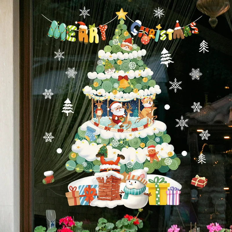 Rynx Christmas Window Stickers Santa Claus Christmas Tree Cartoon Glass Stickers Merry Christmas New Year Decorations for Home