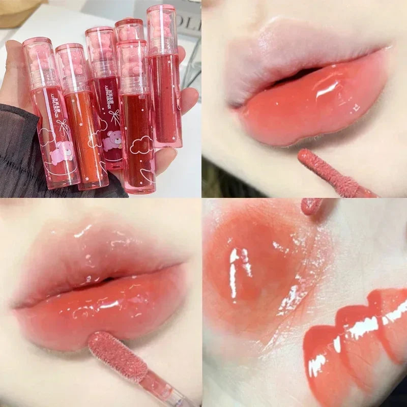 Rynx | Cute Bear Lip Gloss Crystal Jelly Mirror Waterproof Liquid Lipstick Moisturizing Reducing Lip Wrinkles Long-lasting Lip Tint Makeup