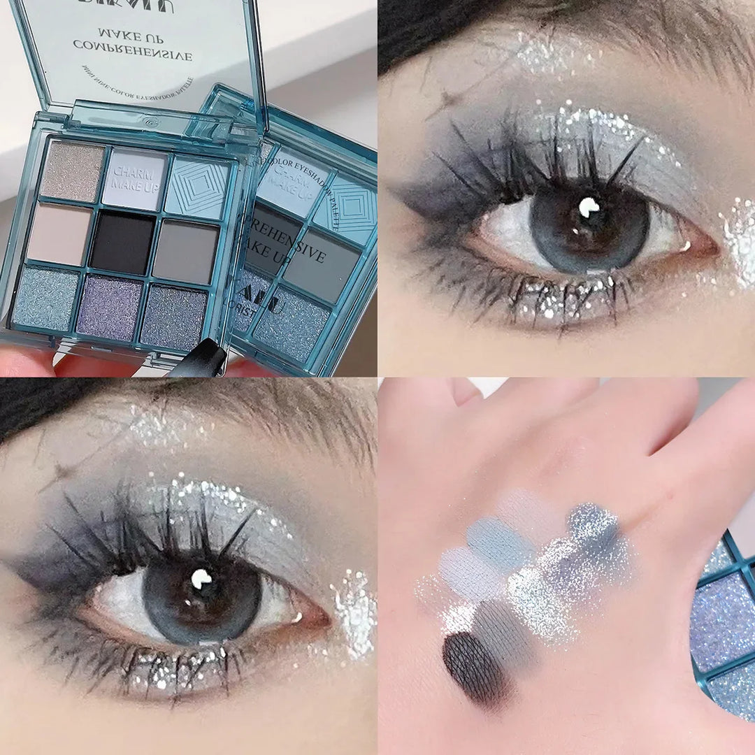 Rynx | Smoky Glitter Matte Eyeshadow Palette 9 Colors Pearl Grey Black Hue Shimmer Eyeshadow Makeup Pigments Palette Cosmetics