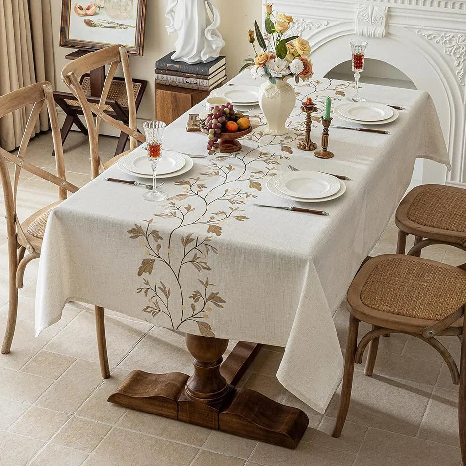Rynx Embroidered Tablecloth, Cotton-Linen Simple Foldable Dustproof Tablecloth, for Kitchen Dining Room, Party, Birthday Table Decor