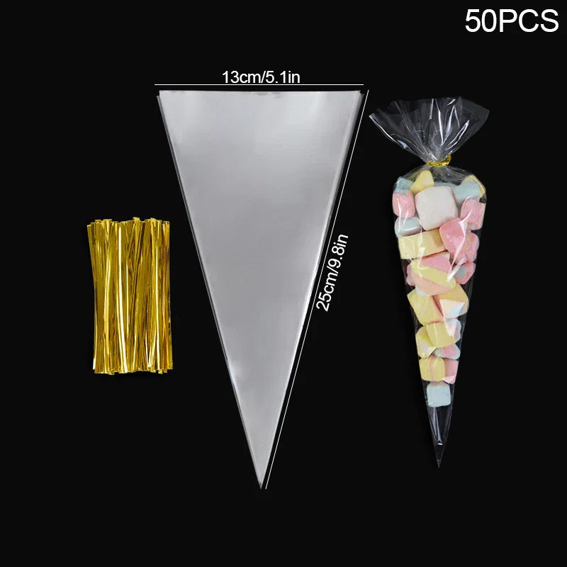 Rynx 50 pcs Transparent Candy Popcorn Packaging Bags Plastic Cellophane Cookie Gift Bags Wedding Birthday Parties Christmas Supplies