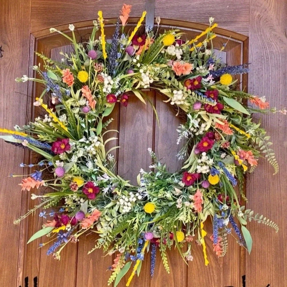 Rynx | Wildflower Wreath Spring Summer Wreath Front Door Artificial Flower Wreath Farmhouse Decor Fresh Green Plant Eternal Flower