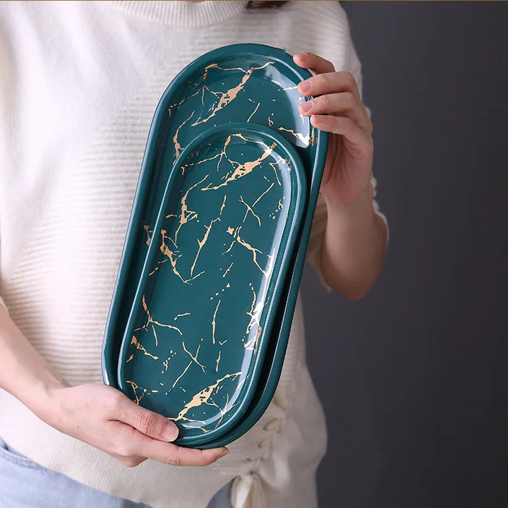 Lisslune | Nordic Ins Ceramic Marble Oval Tray Jewelry Storage Tray Accessories Soap Holder Golden Wave Bathroom Cup Bath Decoration