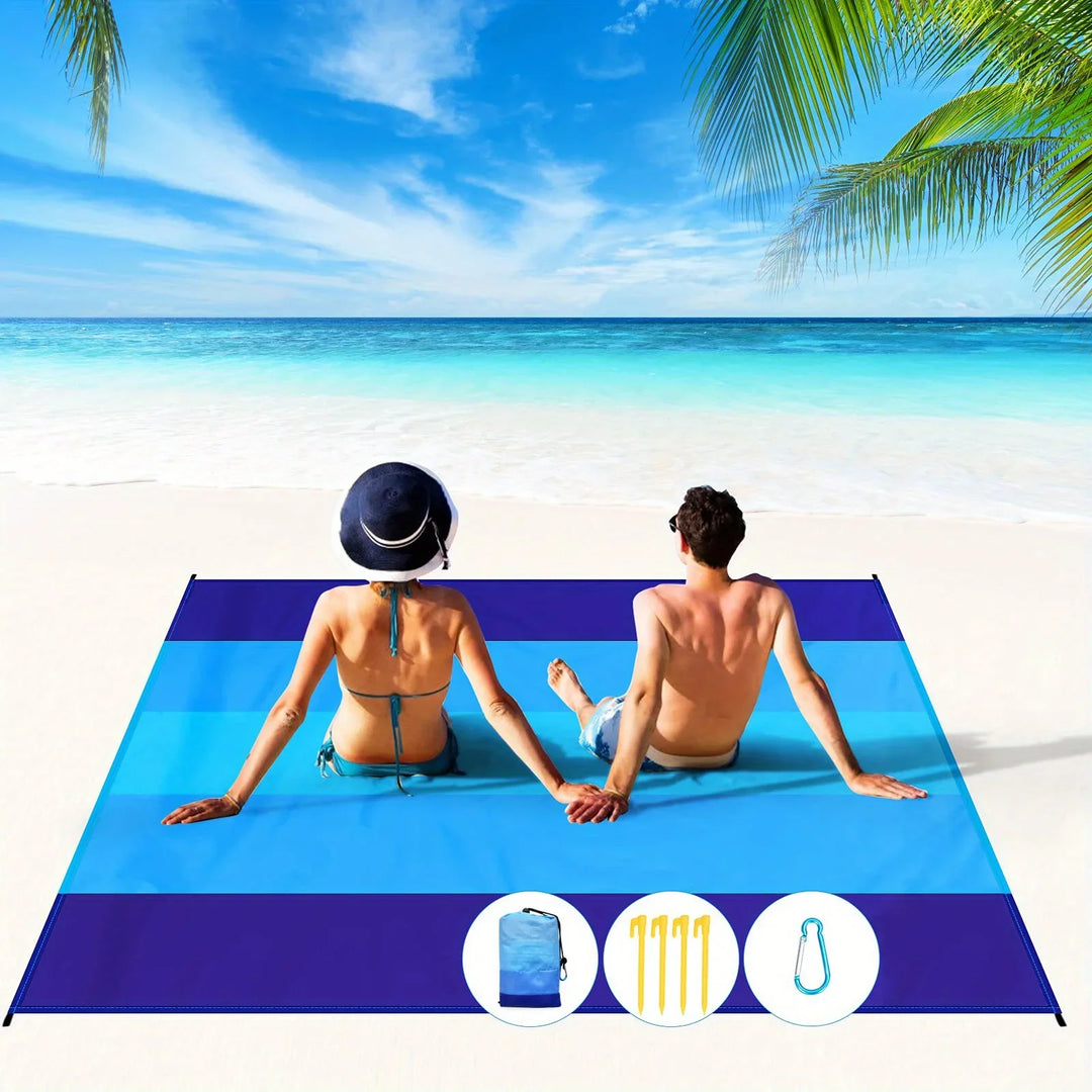 Rynx | Ocean blue striped waterproof & sand resistant beach mat for 1-3 people - perfect for outdoor picnics, travel, camping & hiking