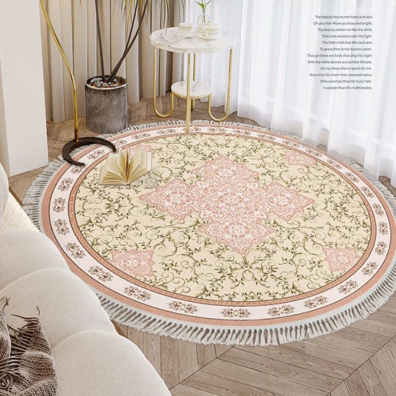 Rynx | French Retro Living Room Round Fringe Carpet Ethnic Style Bedroom Carpet Luxury Art Home Carpet Floral Geometric Plush Rugs Wallpaper