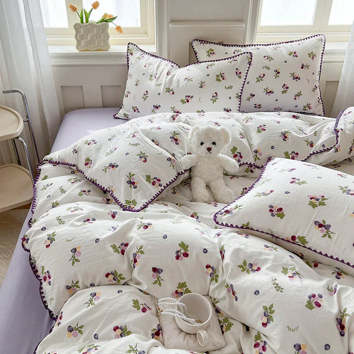 Rynx | Cute Purple Grapes Duvet Cover Girl INS Bedding Set for Kids Queen Full Size Flat Bed Sheet Blanket Cover Pillowcase Kawaii