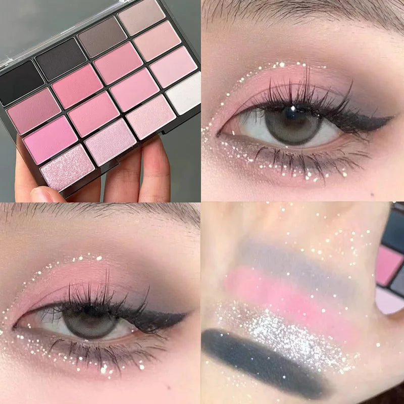 Rynx | 16 Colors Eyeshadow Palette Low Saturated Pink Pink Pearlescent Matte Glitter Eyeshadow Shiny Eyeshadow Long-lasting Eye Makeup