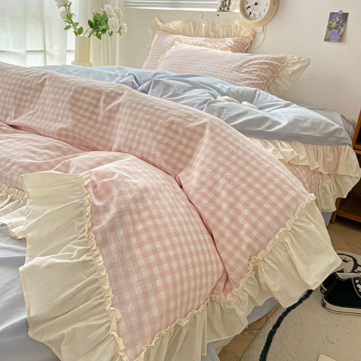 Rynx | Korean Princess Style Bedding Set Soft Skin-friendly Grid Lace Ruffles Duvet Cover Checkered Style Duvet Covers Set Pillow Covers
