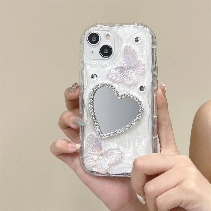 Lisslune | INS 3D Bling Glitter Schmetterling Liebe Herz Makeup Spiegel Handyhülle Für iPhone 13 14 15 16 Pro Max 12 Pro 11 XR XS Silikon Hülle