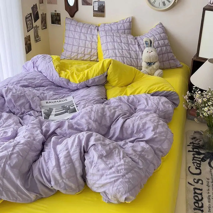 Rynx | Seersucker Princess Girl Bed Linen Set Duvet Cover Korean Four-Piece Washed Cotton Bed Sheet Blanket Set