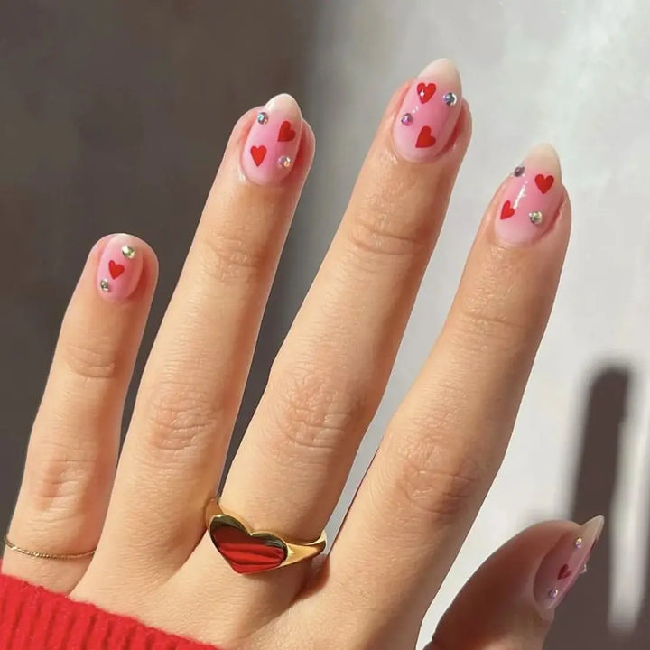 Rynx | Red Love Heart French Sweet Nail Art Nude Pink Artificial Nails Removable Finished Fingernails Valentine's Day Gift Press-on Nails With Glue